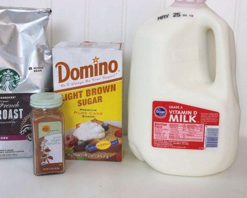 ingredients including a gallon of milk, cinnamon, brown sugar, and starbucks coffee.