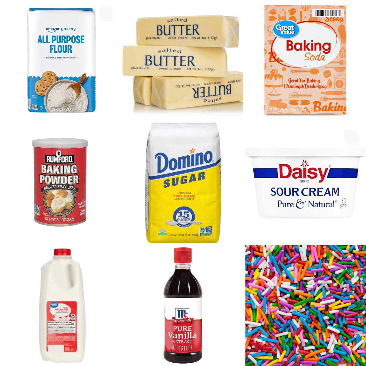 ingredients including flour, butter, baking soda/powder, sugar, sour cream, milk, vanilla, and sprinkles. 