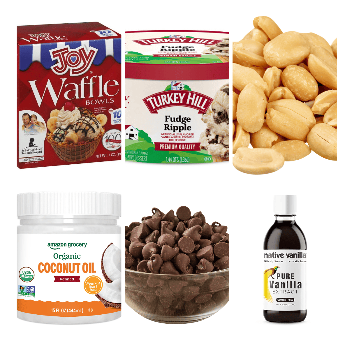 ingredients including waffle cone bowls, fudge ripple ice cream, peanuts, coconut oil, chocolate chips, and vanilla.