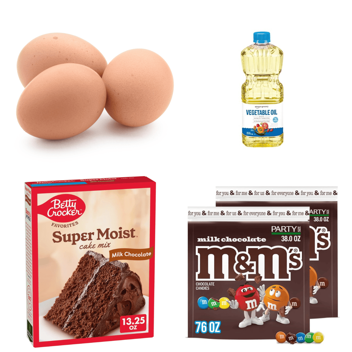 ingredients including eggs, vegetable oil, chocolate cake mix, and M&Ms.