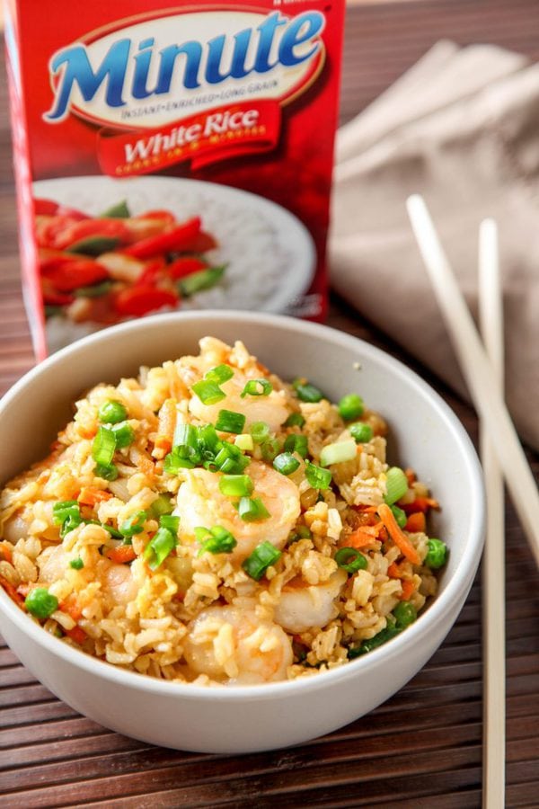 Shrimp Fried Rice in a white bowl.
