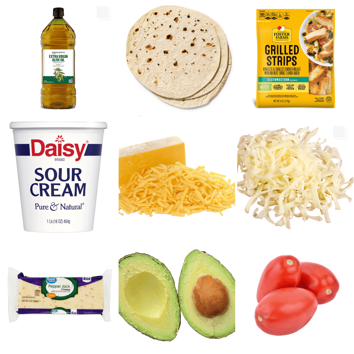 ingredients including flour tortillas, chicken strips, sour cream, shredded cheeses, avocado, and tomato.