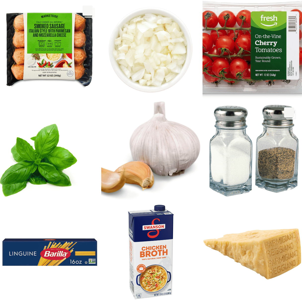 ingredients including smoked sausage, onion, cherry tomatoes, basil, pasta, chicken broth, and parmesan cheese. 