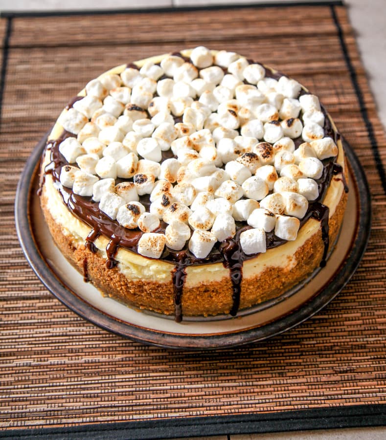 a cheesecake inside a graham cracker crust topped with toasted marshmallows and hot fudge sauce.