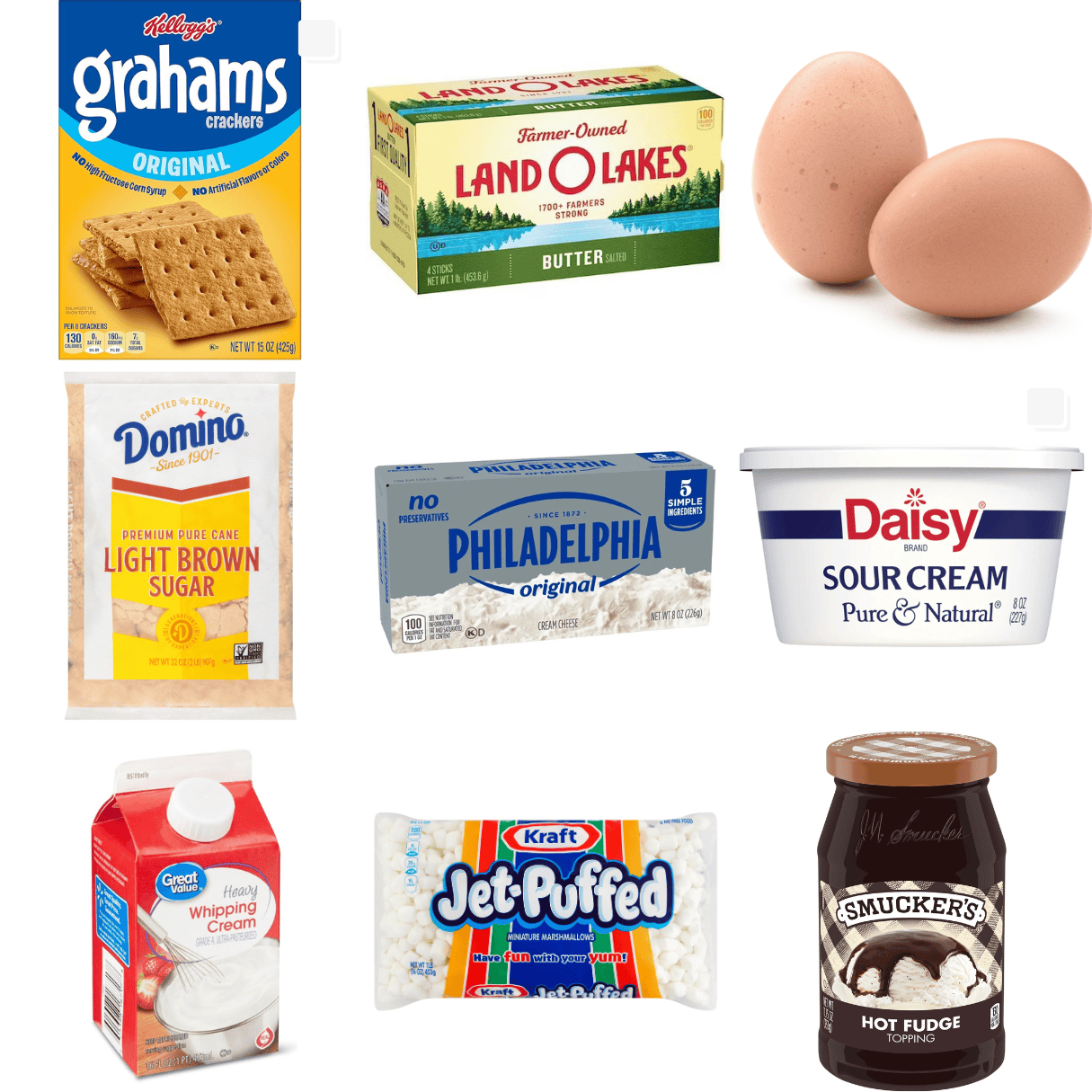 ingredients including graham crackers, butter, eggs, brown sugar, cream cheese, sour cream, heavy cream, marshmallows, and hot fudge.