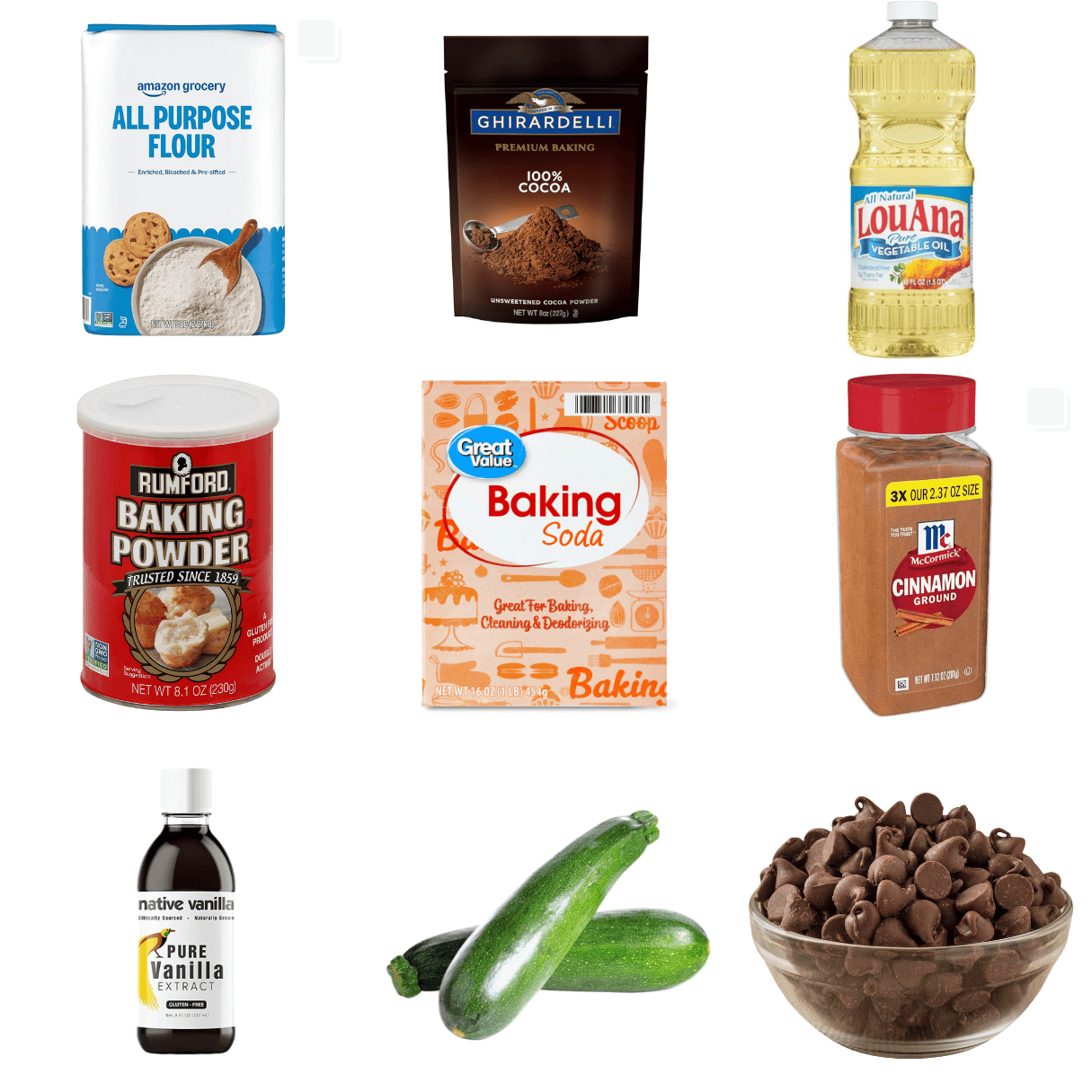 ingredients including flour, cocoa powder, oil, baking powder, baking soda, vanilla, zucchini, and chocolate chips.