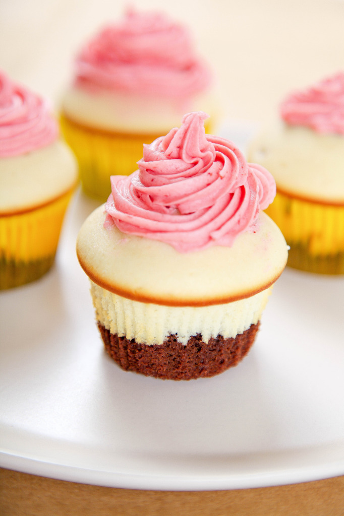 Neopolitan Cupcakes With Strawberry Buttercream Frosting