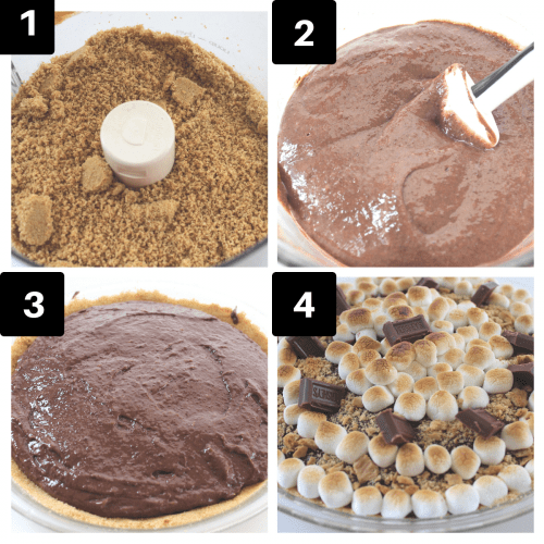 a four image collage showing up to make a smores pie with a graham cracker crust. 