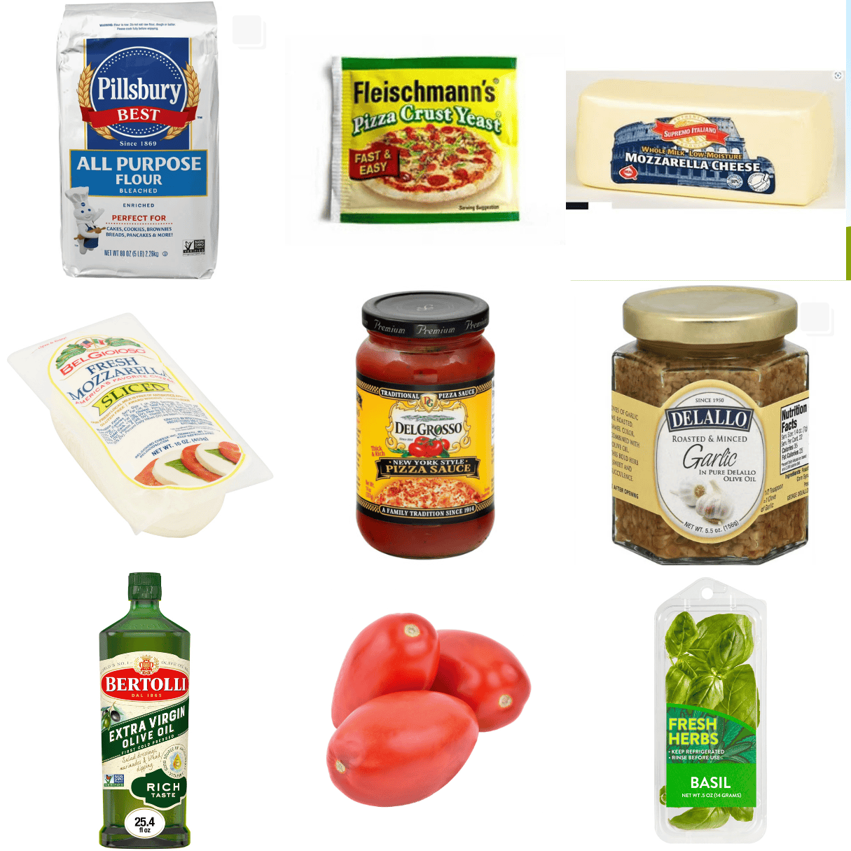 ingredients including flour, pizza yeast, fresh and block mozzarella cheese, pizza sauce, roasted garlic, olive oil, tomatoes, and basil.