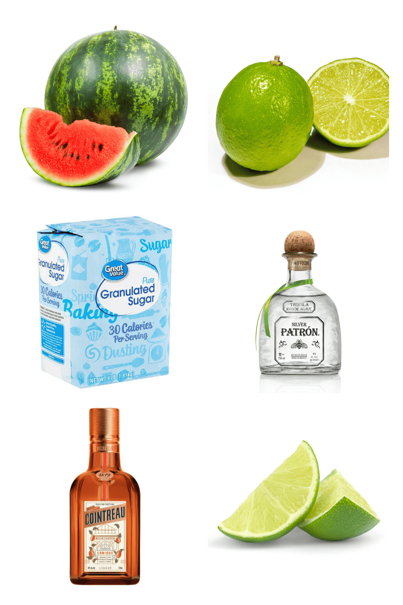 ingredients including watermelon, limes, granulated sugar, patron tequila, and Cointreau.