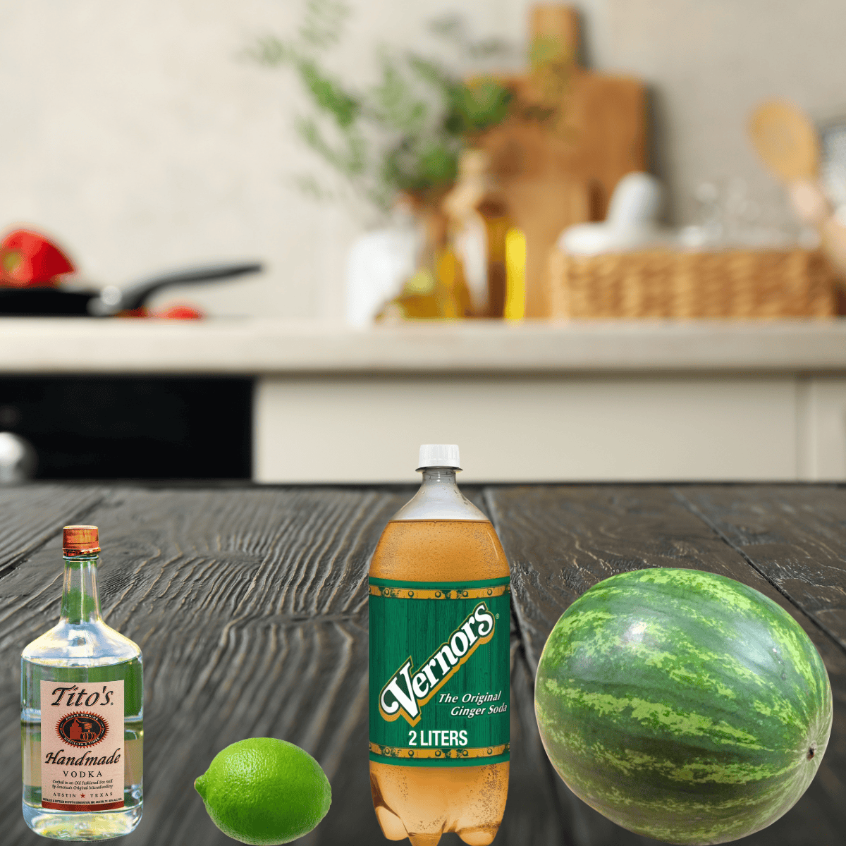 ingredients including Tito's vodka, lime, watermelon,  and Vernor's ginger ale. 