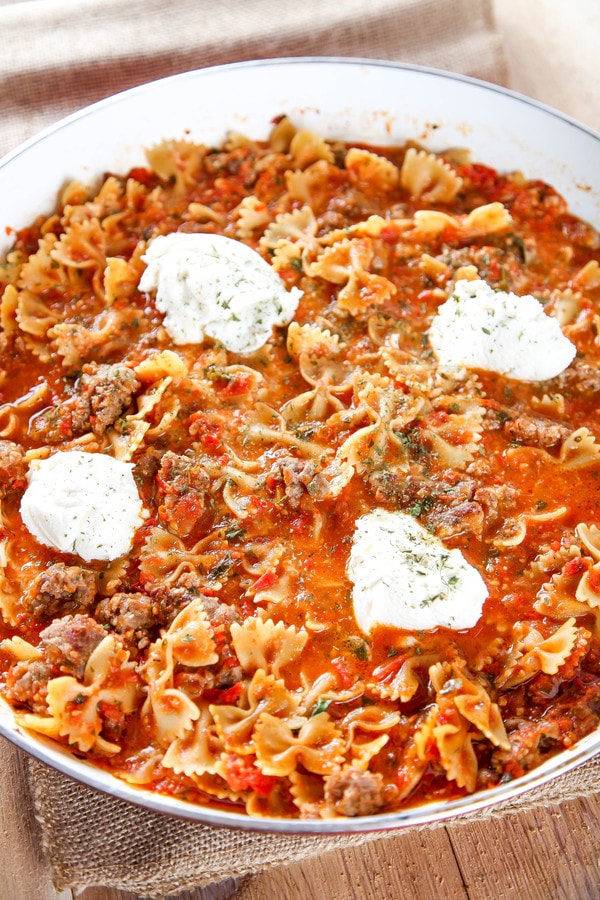 skillet lasagna with ground sausage, and topped with dollops of ricotta cheese.