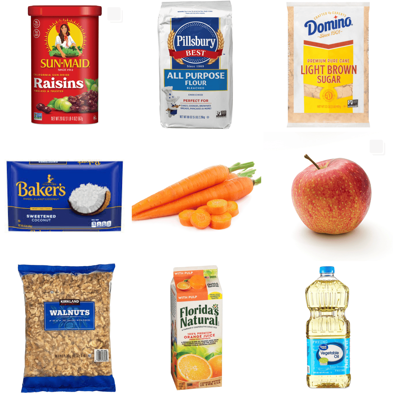 ingredients including raisins, flour, brown sugar, coconut, carrots, apple, walnuts, orange juice, and oil.