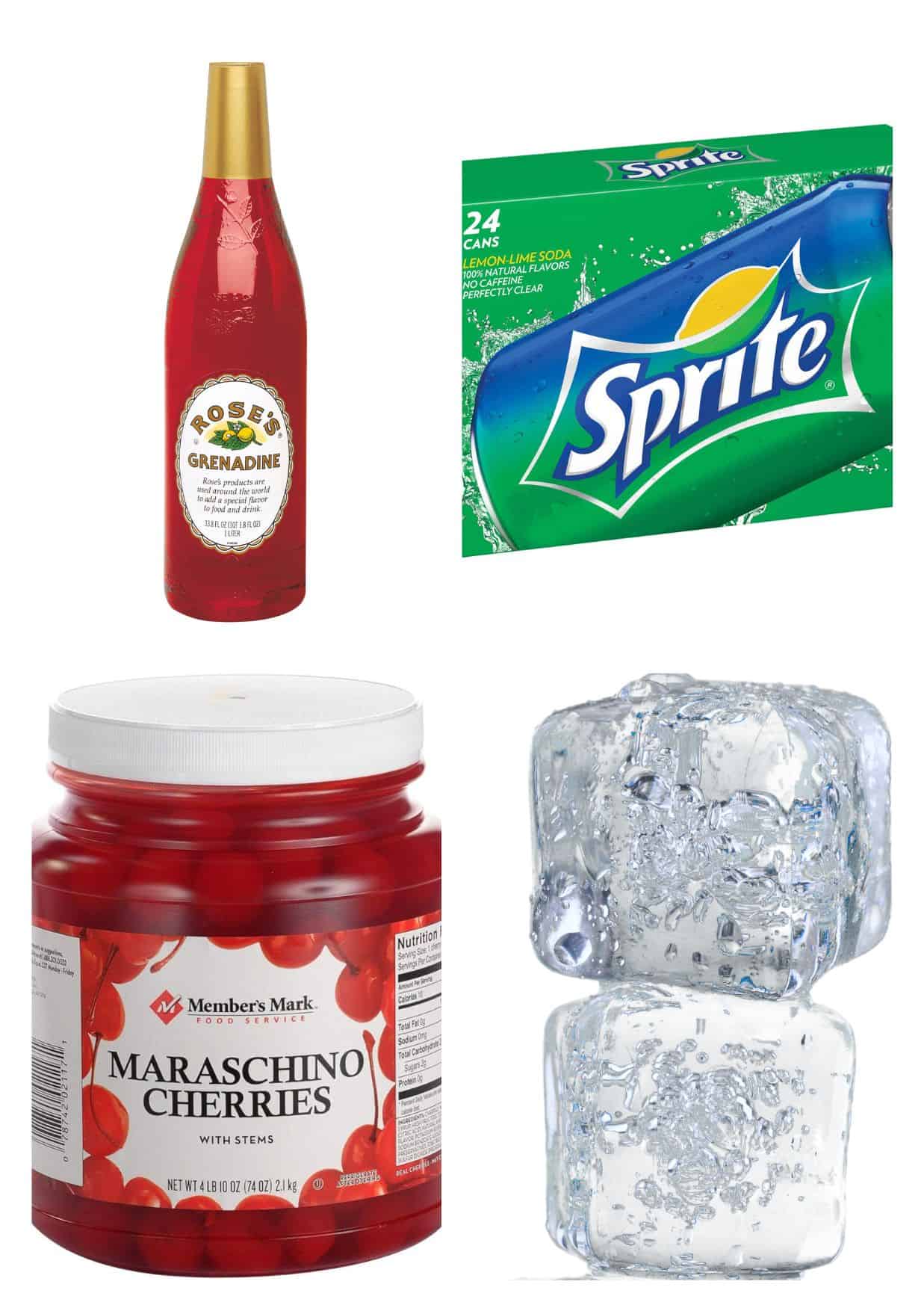 ingredients including grenadine, sprite, maraschino cherries, and ice cubes.