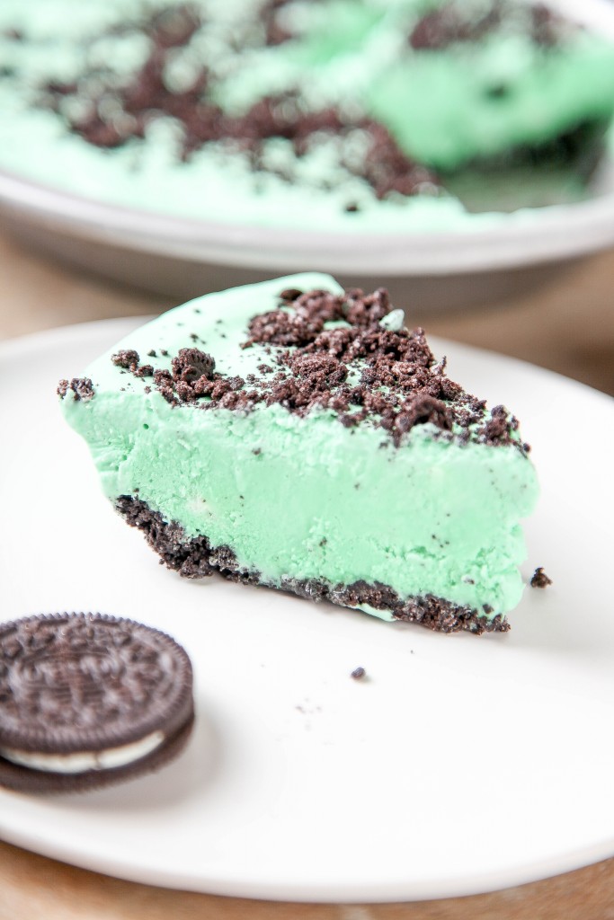 grasshopper pie with an oreo crust and sprinkled with oreos on top.