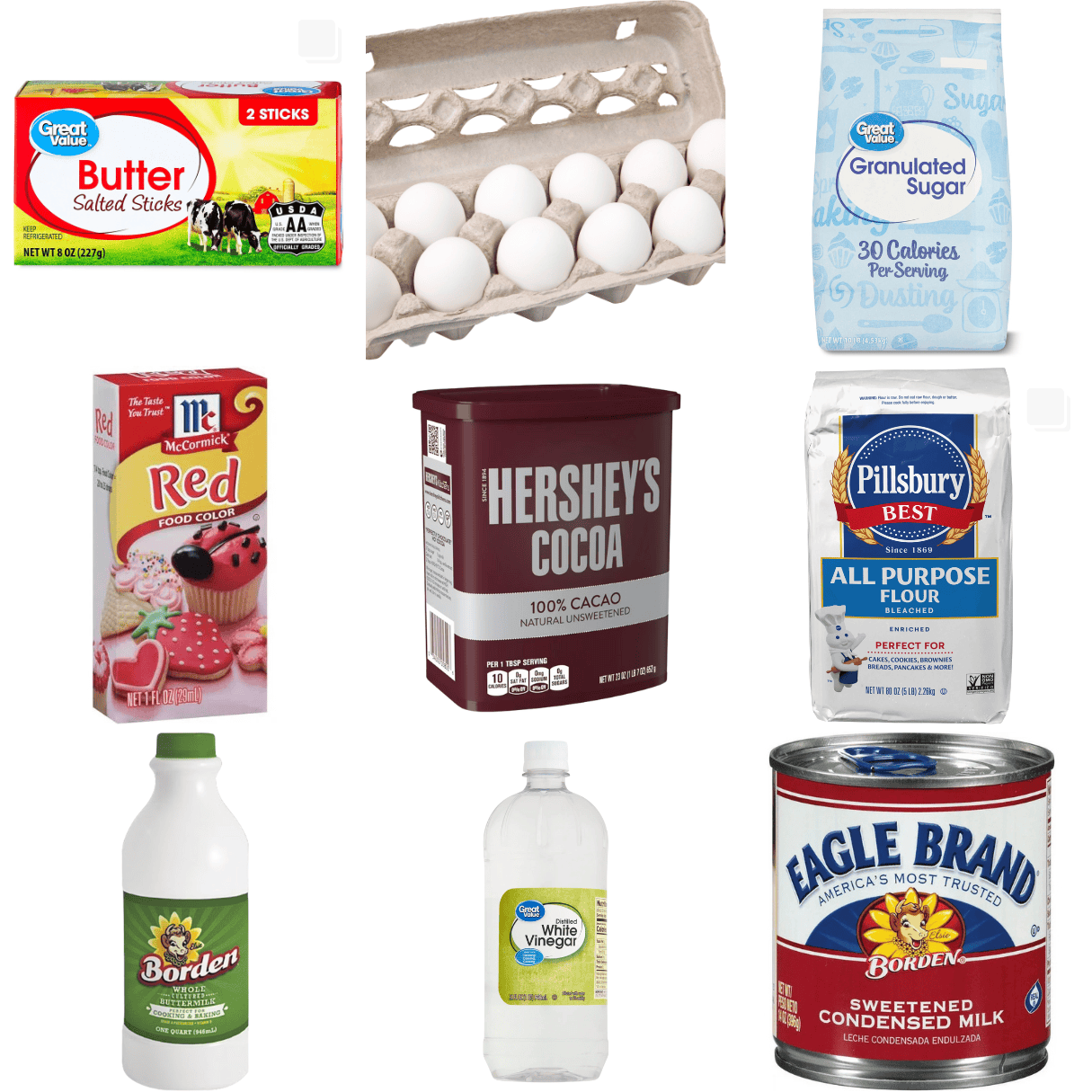 ingredients including butter, eggs, white sugar, red food coloring, cocoa powder, flour, vinegar, buttermilk, and sweetened condensed milk.