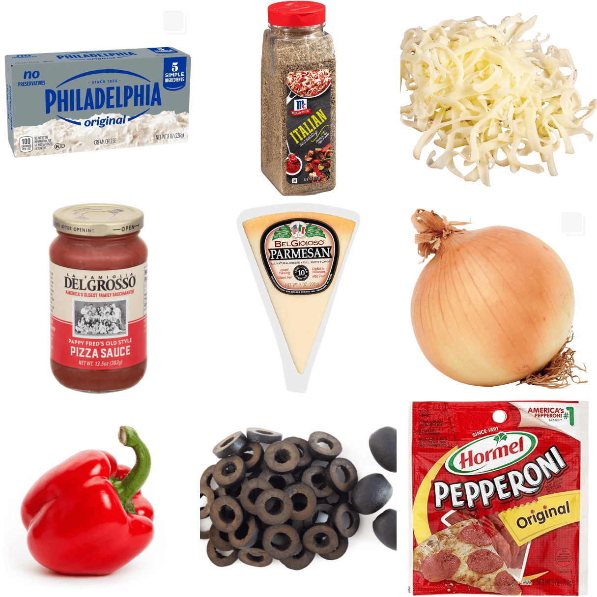 ingredients including cream cheese, Italian seasoning, mozzarella cheese, pizza sauce, black olives, and pepperoni.