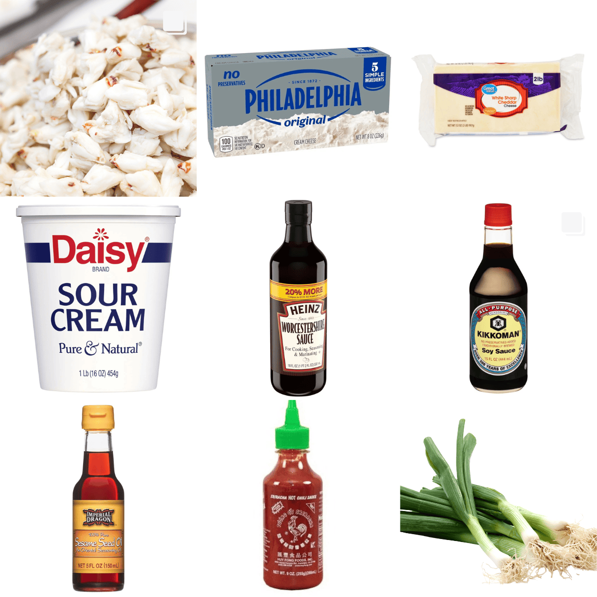 ingredients including lump crab meat, cream cheese, white cheddar cheese, sour cream, soy sauce, sesame oil, and Sriracha