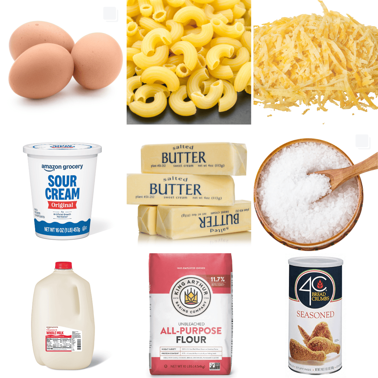 ingredients including eggs, elbow macaroni, shredded cheese, sour cream, butter, milk, and seasoned bread crumbs. 