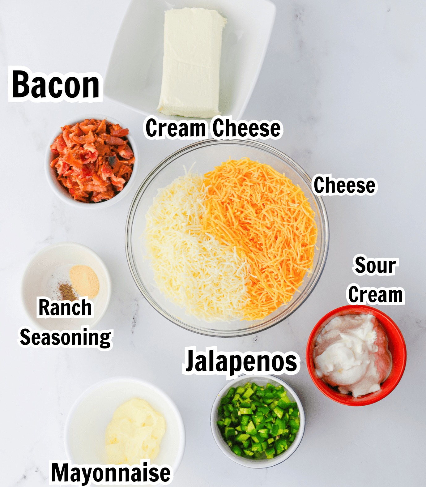 ingredients including bacon, jalapenos, shredded cheese, sour cream, ranch seasoning, and mayonnaise.