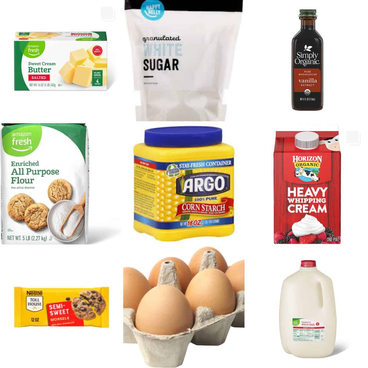 ingredients including butter, white sugar, vanilla, flour, cornstarch, heavy cream, and chocolate chips