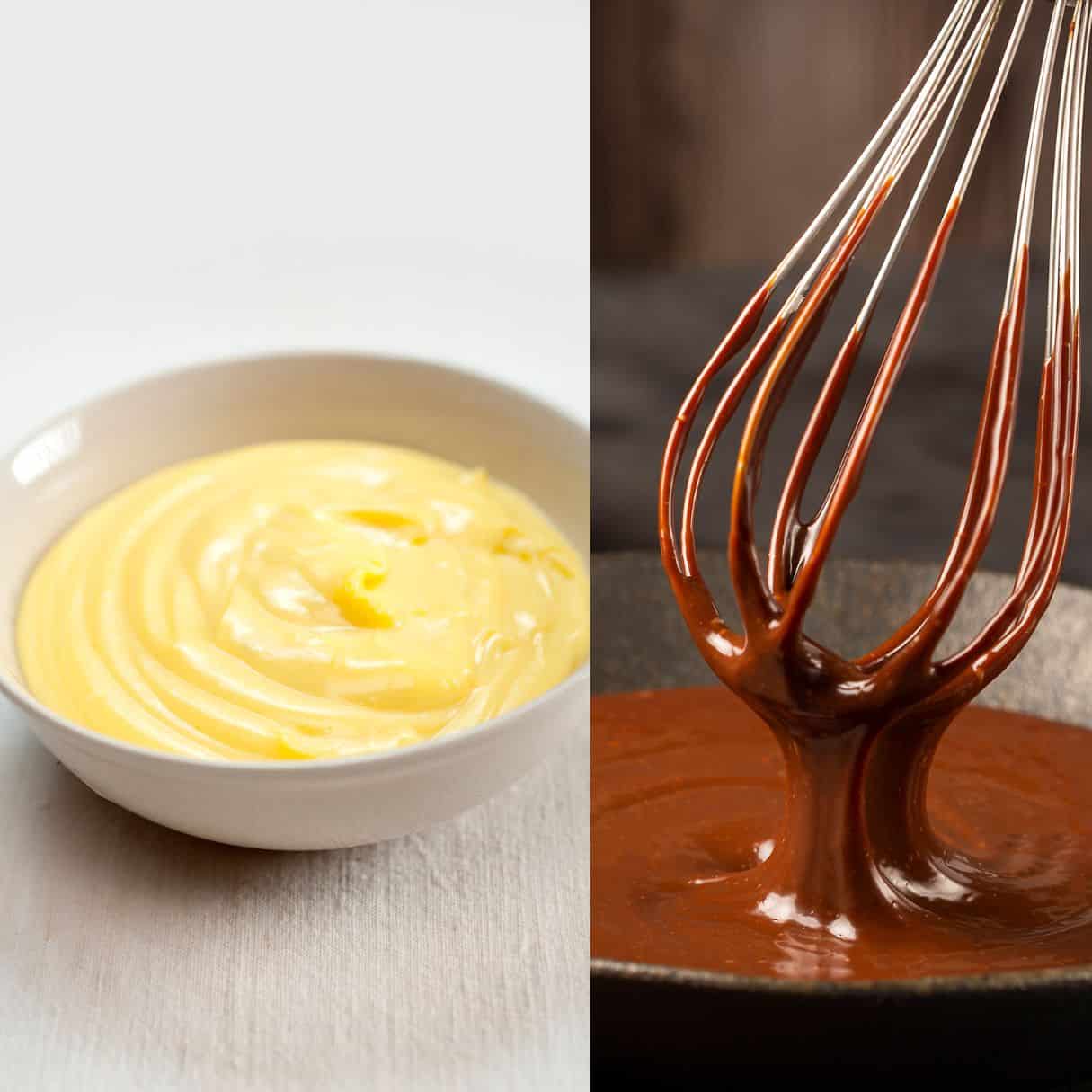 a bowl of pastry cream on the left and a whisk with chocolate ganache on the right. 