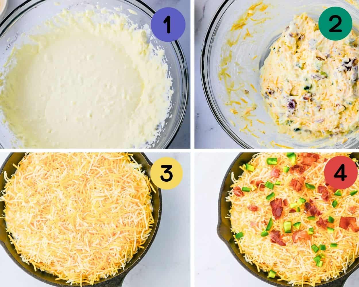 a 4 image collage showing how to mix and layer a cream cheese and bacon jalapeno popper dip.