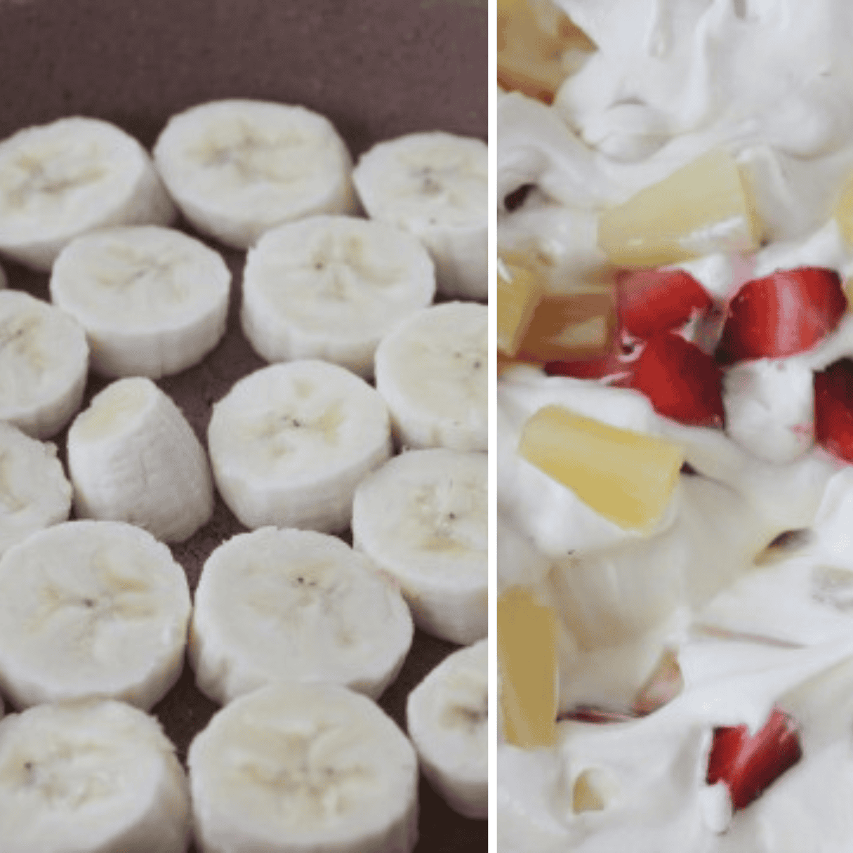 a collage showing bananas layered in a chocolate pie crust and a Cool Whip strawberry pineapple mixture.