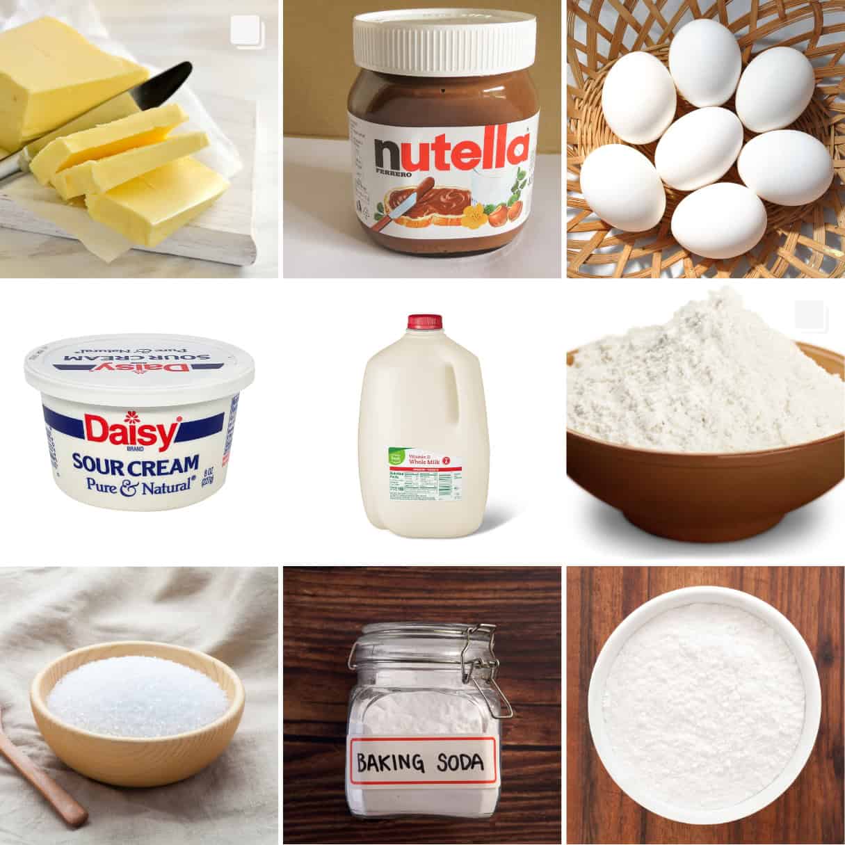 a collage showing butter, Nutella, eggs, sour cream, and flour. 