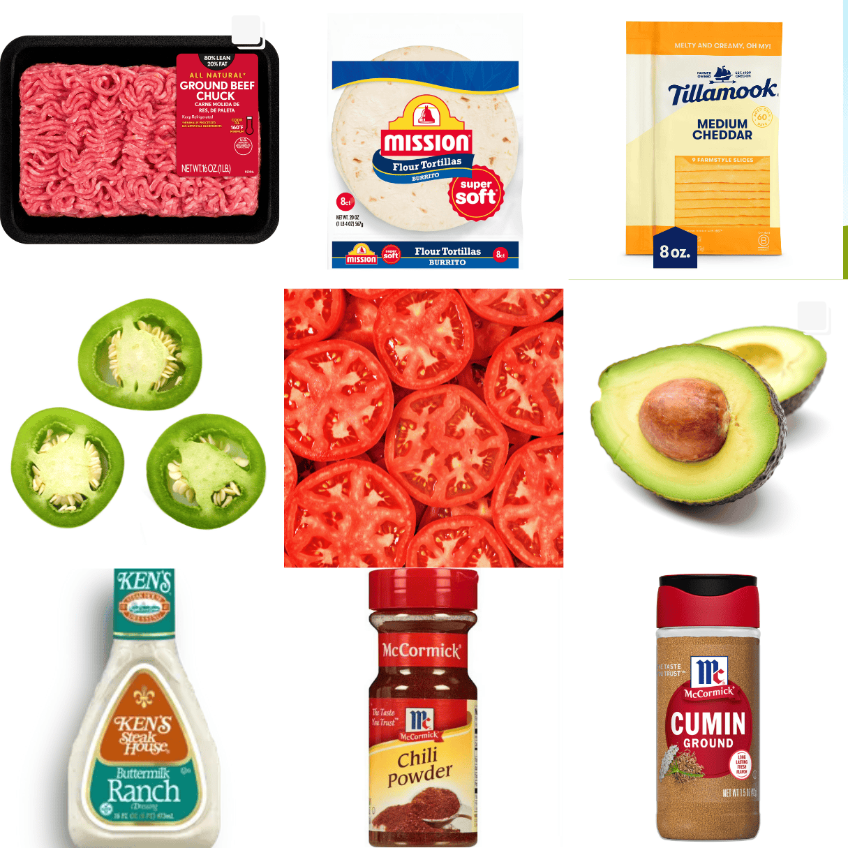 ingredients including ground beef, tortillas, cheese, jalapenos, tomatoes, avocado, ranch dressing, cumin, and chili powder.