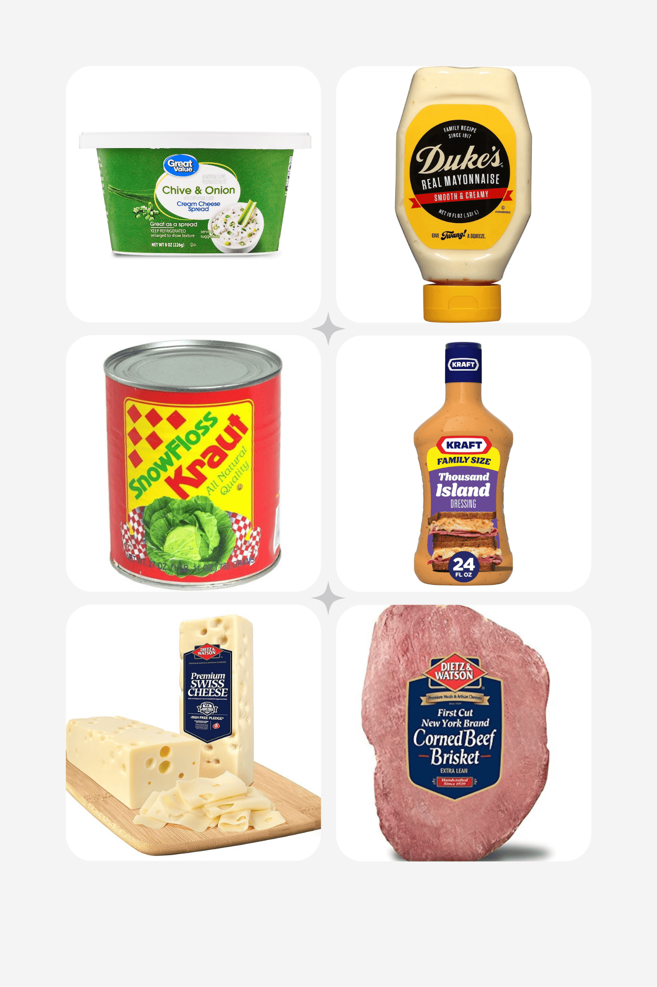 ingredients including chive and onion cream cheese, mayonnaise, sauerkraut, thousands island dressing, Swiss cheese, and corned beef.