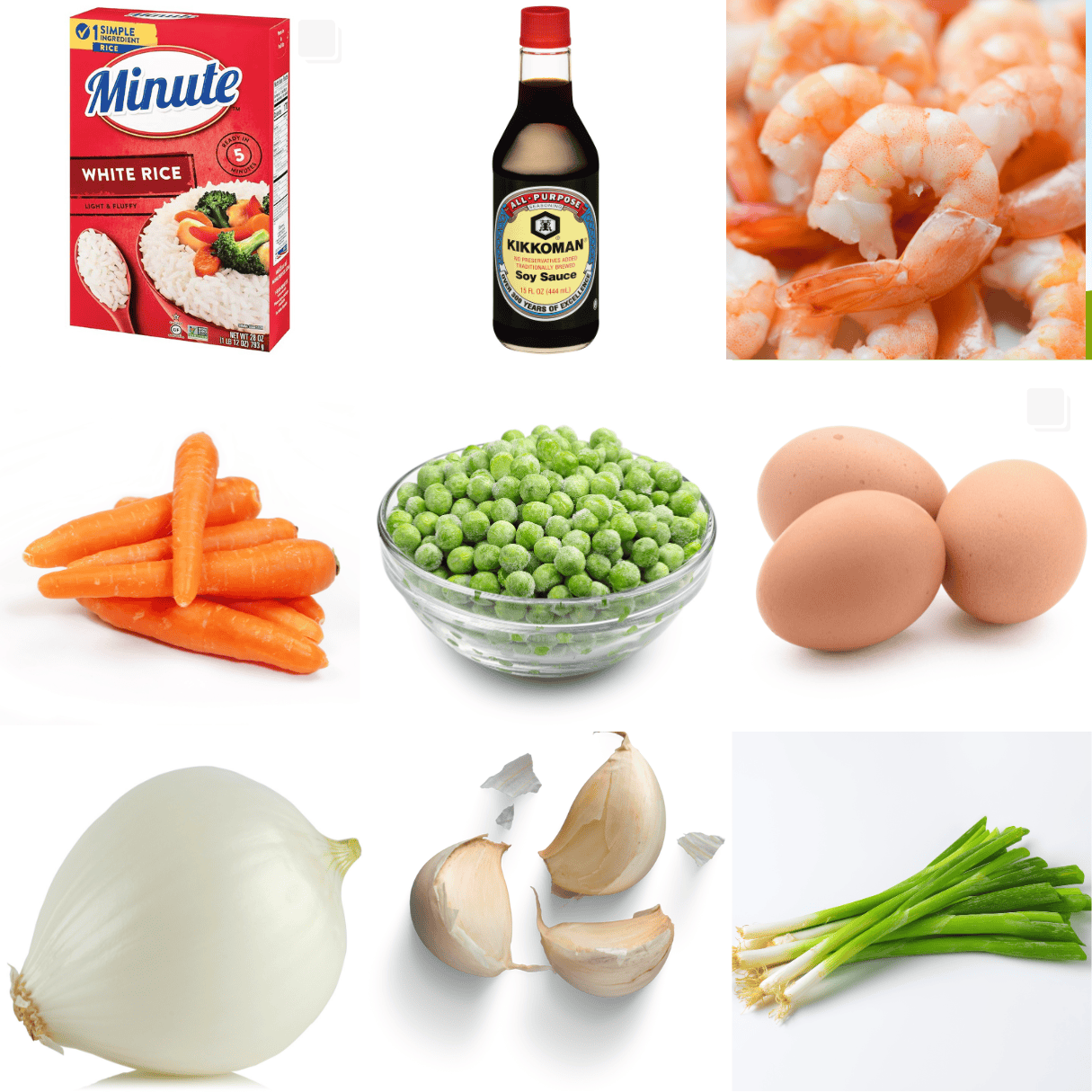ingredients including rice, soy sauce, shrimp, carrots, peas, eggs, onion, garlic, and green onions.