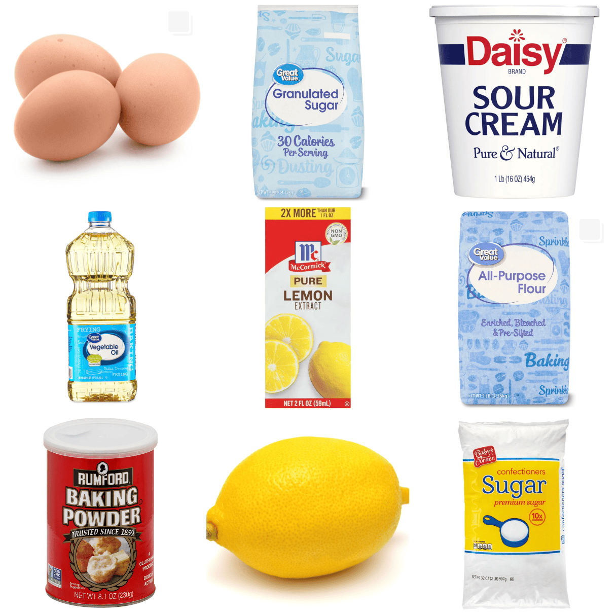 ingredients including eggs, sugar, sour cream, vegetable oil, lemon extract, flour, lemon, and powdered sugar. 