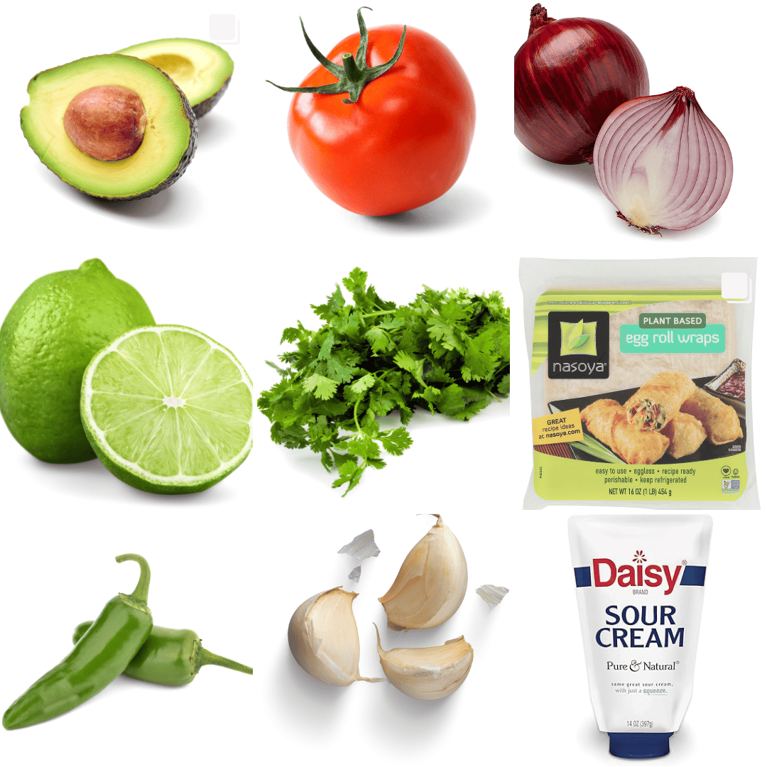 ingredients including avocado, tomato, onion, lime, cilantro, and egg roll wrappers. 