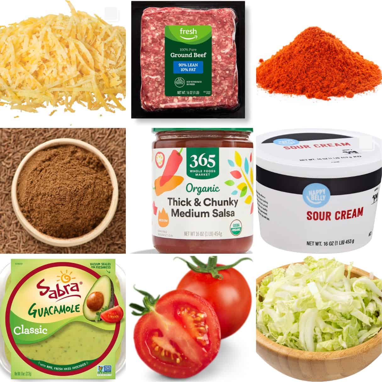 ingredients including shredded cheese, ground beef, cumin, chili powder, salsa, guacamole, and lettuce. 