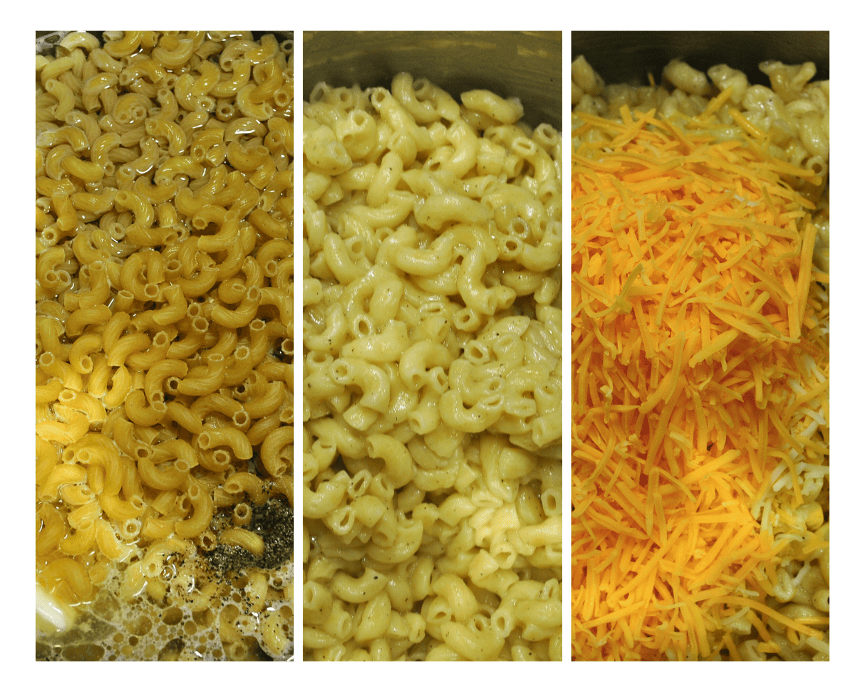a 3 image collage showing macaroni and cheese boiling in the instant pot, stirring in butter, and adding cheese.