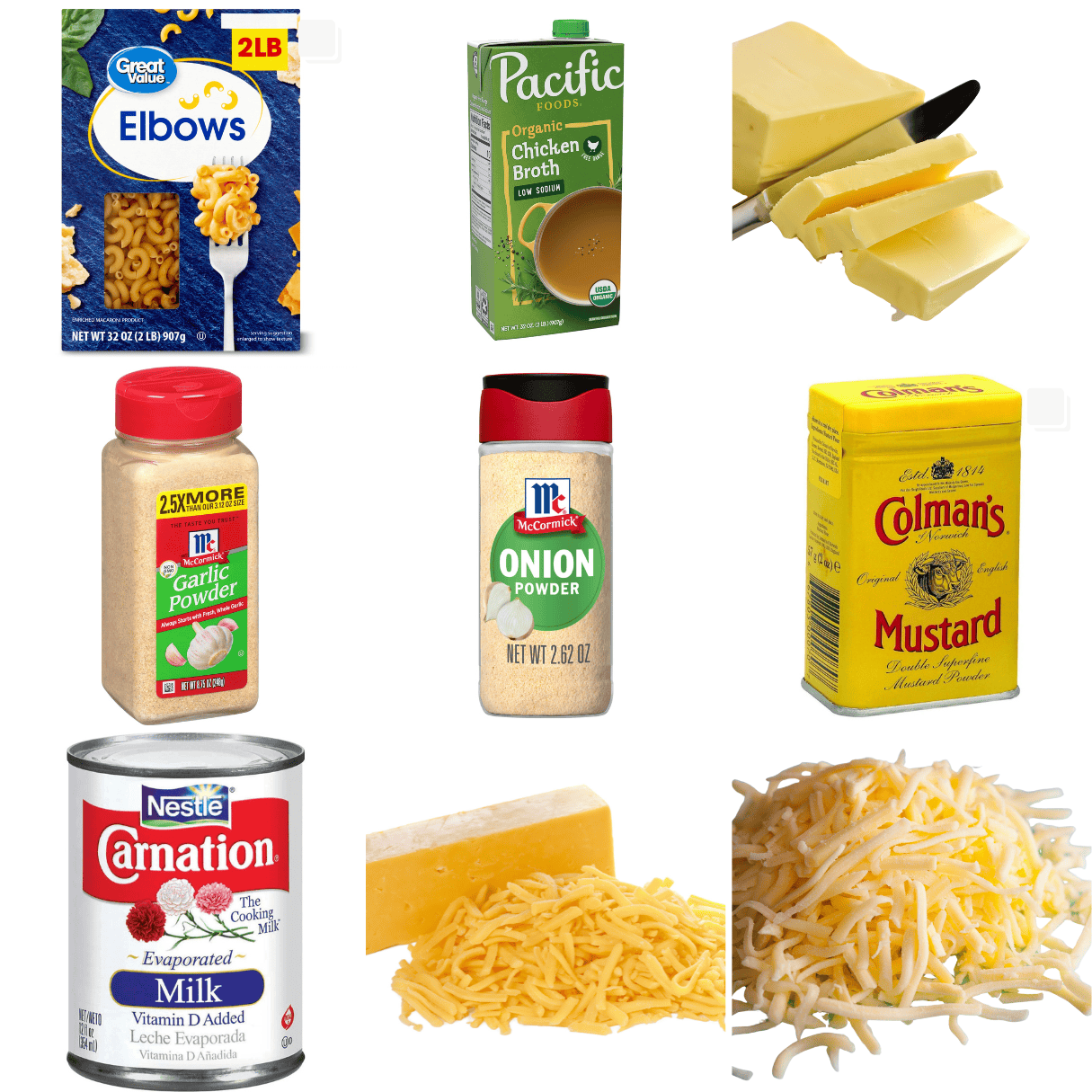 ingredients including elbow noodles, chicken broth, butter, garlic, onion, and mustard powders, cheeses, and evaporated milk. 