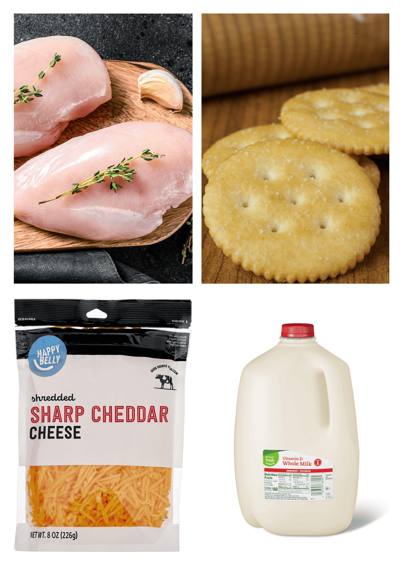 ingredients including chicken breasts, ritz crackers, shredded cheese, and milk.