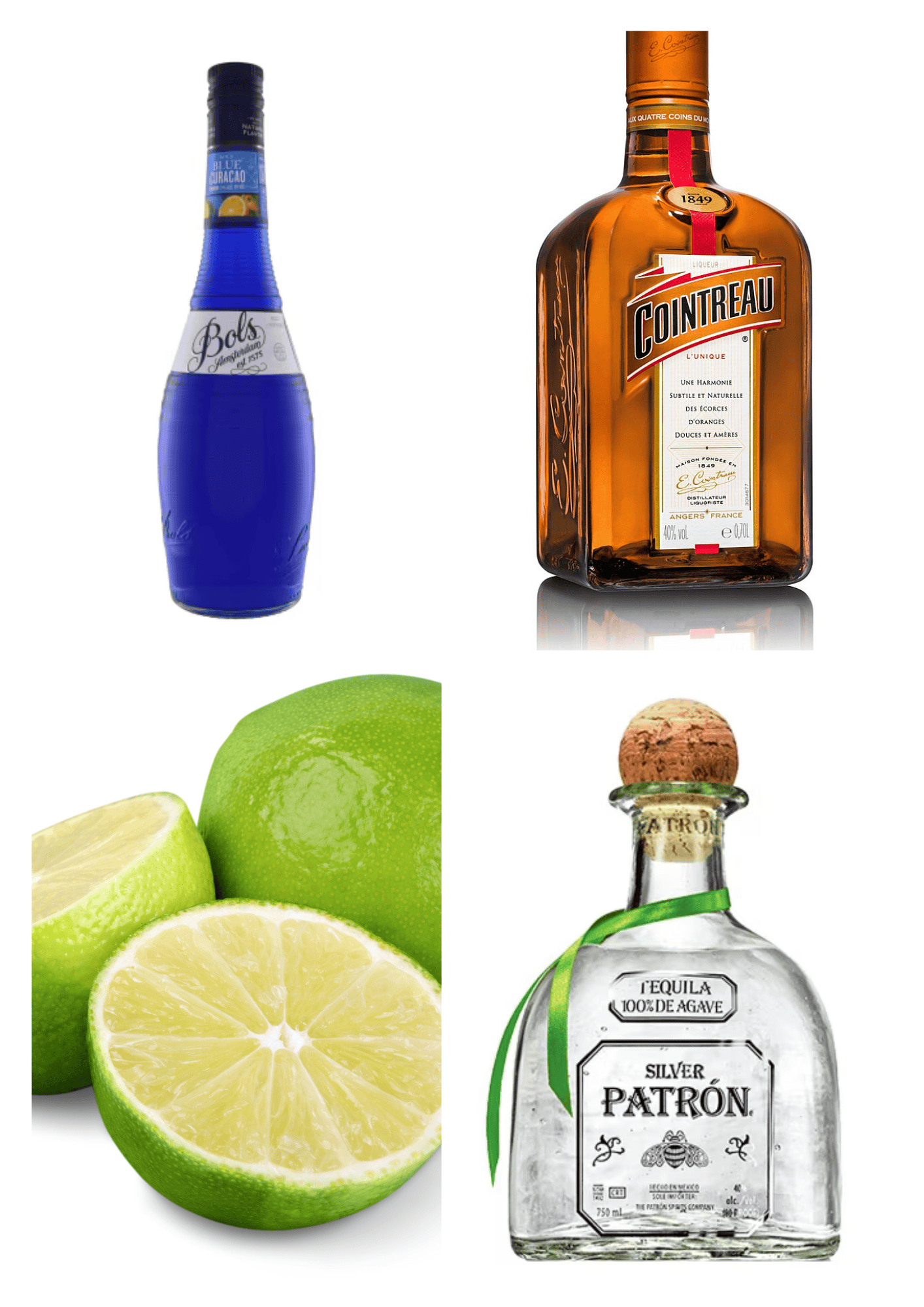 Bols blue curacao, Cointreau, limes, and patron tequila collage.