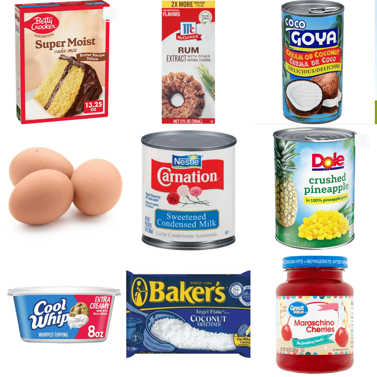 ingredients including cake mix, rum extract, cream of coconut, sweetened condensed milk, crushed pineapple, and coconut. 