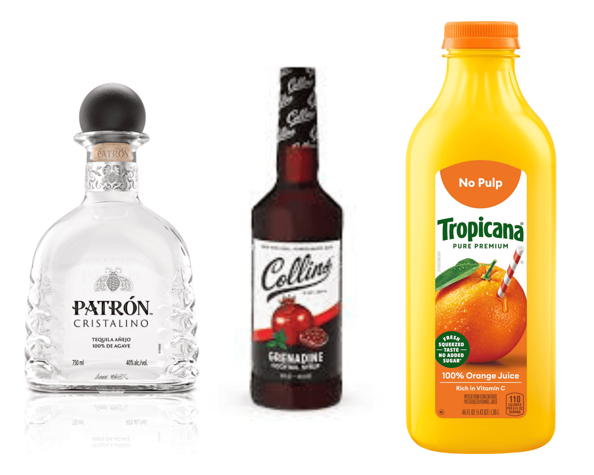 patron cristalino tequila, collins grenadine, and tropicana orange juice.