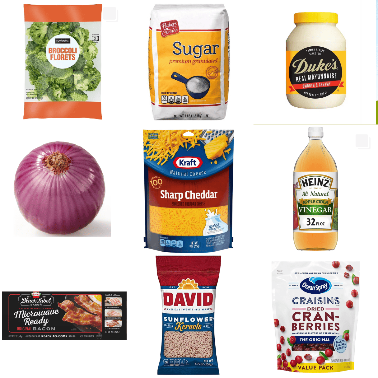 ingredients including broccoli, sugar, mayonnaise, onion, cheese, bacon, vinegar, sunflower seeds, and dried cranberries.