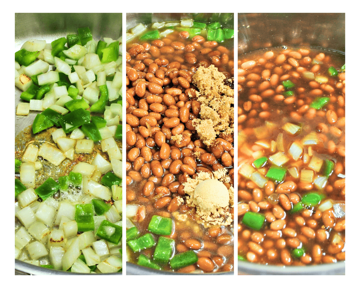 a 3 image collage showing how to saute and and simmer baked beans in the instant pot. 