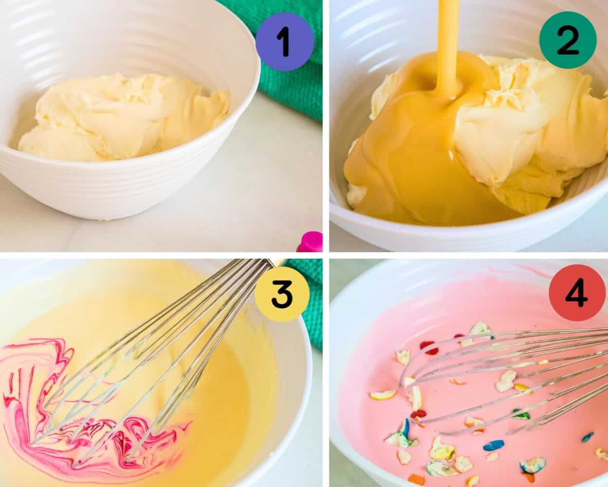 whipping cream, folding in sweetened condensed milk, adding pink gel food coloring and bubblegum pieces. 