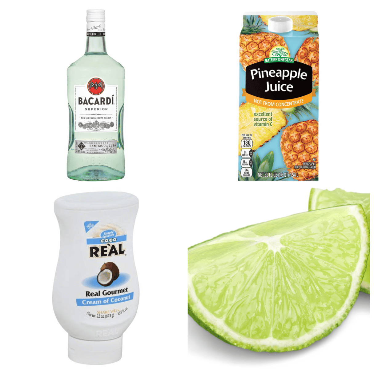 ingredients including white rum, pineapple juice, cream of coconut, and lime.