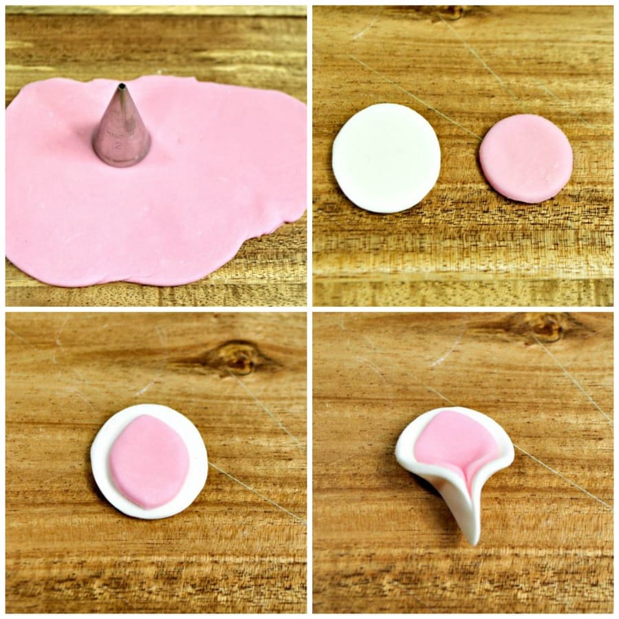  a 4 image collage showing how to cut, and shape pink and white unicorn ears out of fondant. 