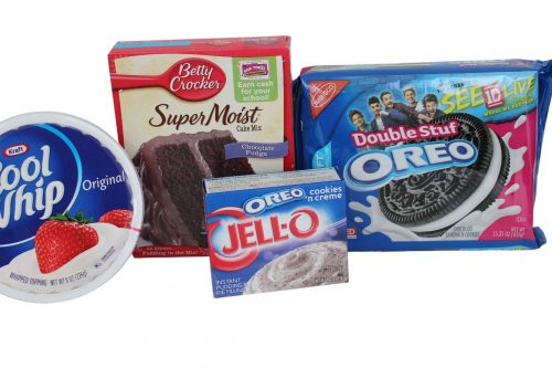 ingredients including cake mix, cool whip, pudding, and oreos. 