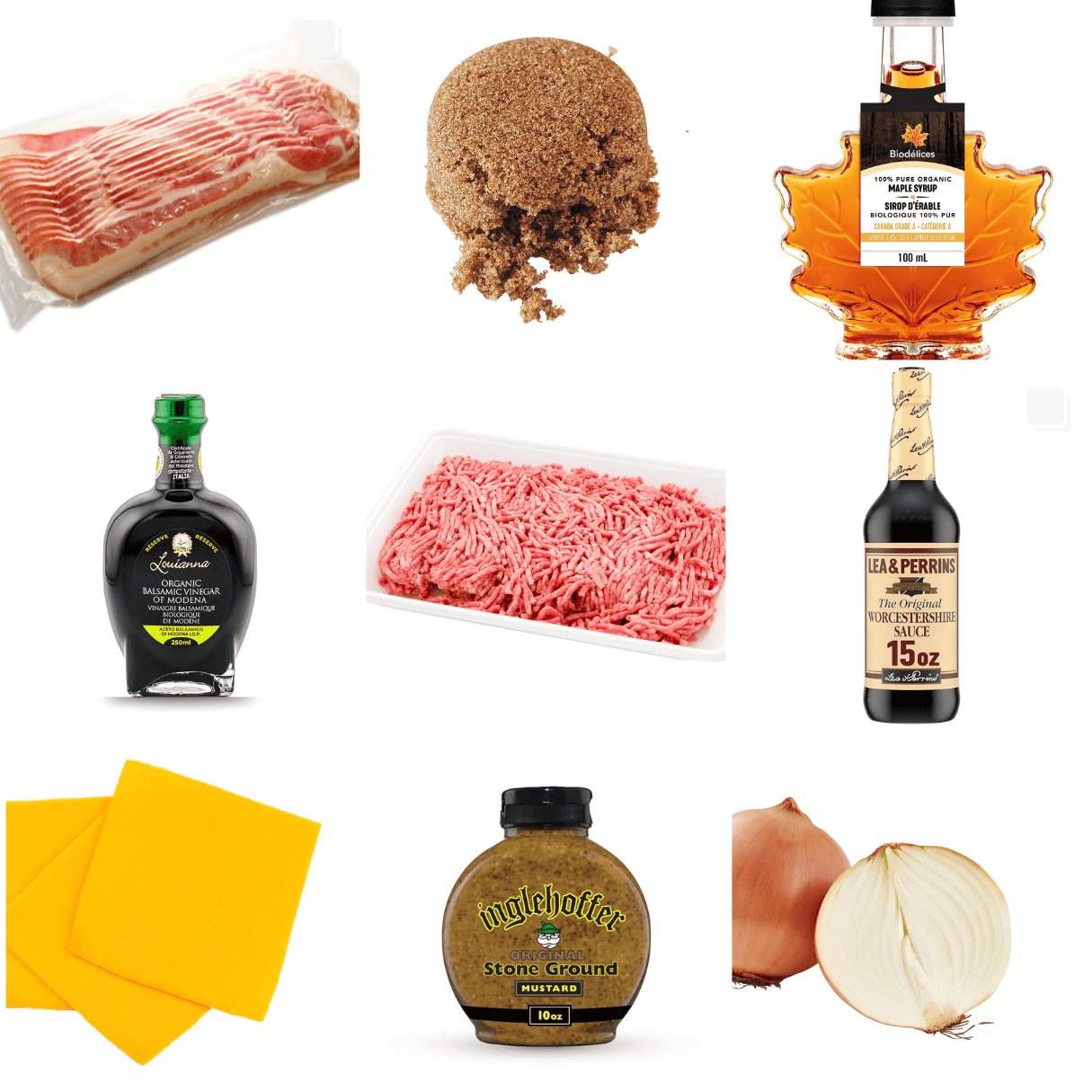 ingredients including bacon, brown sugar, maple syrup, ground beef, Worcestershire sauce, cheese, and balsamic. 