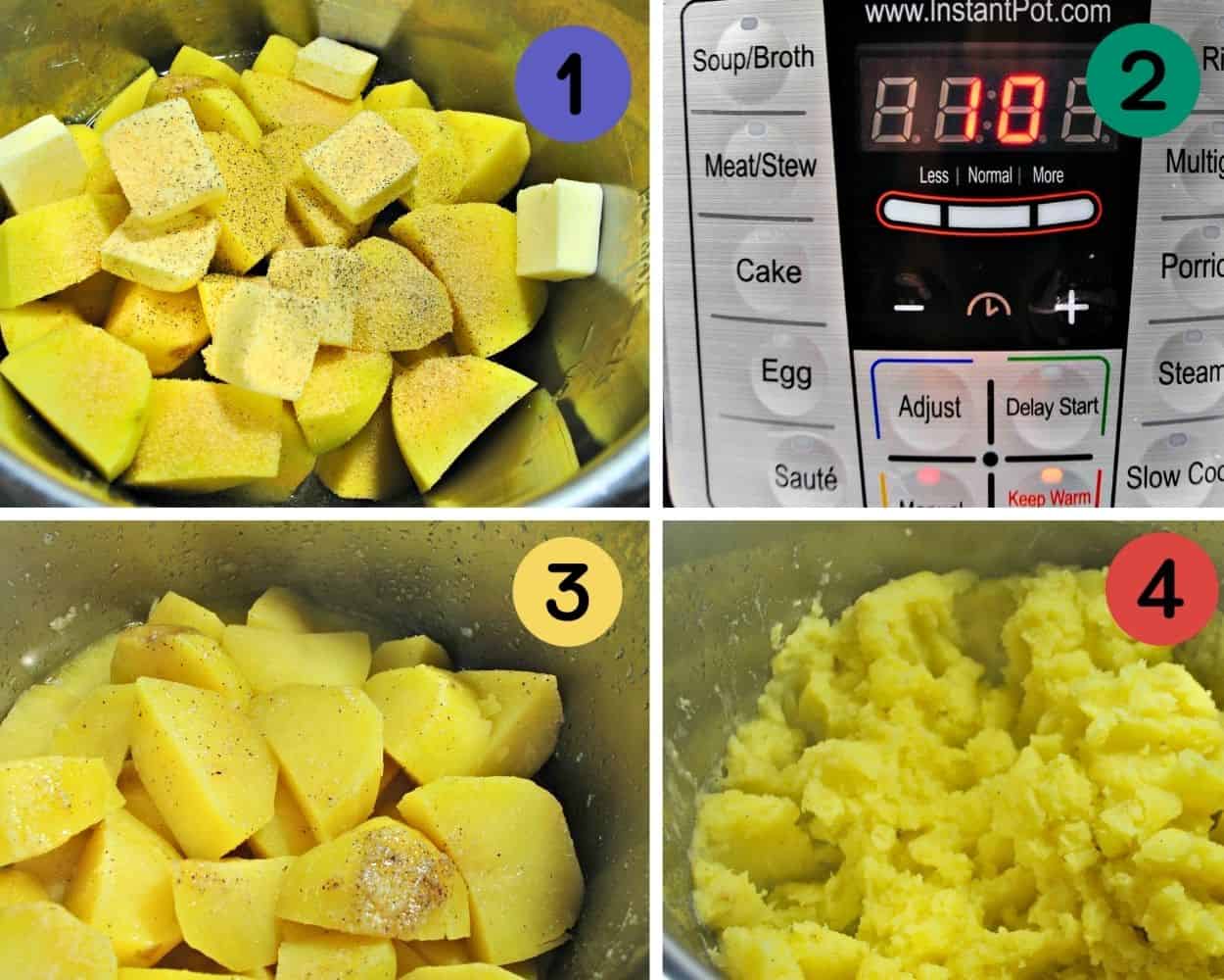 1 4 image collage showing how to make mashed potatoes in the Instant Pot with Yukon gold potatoes.