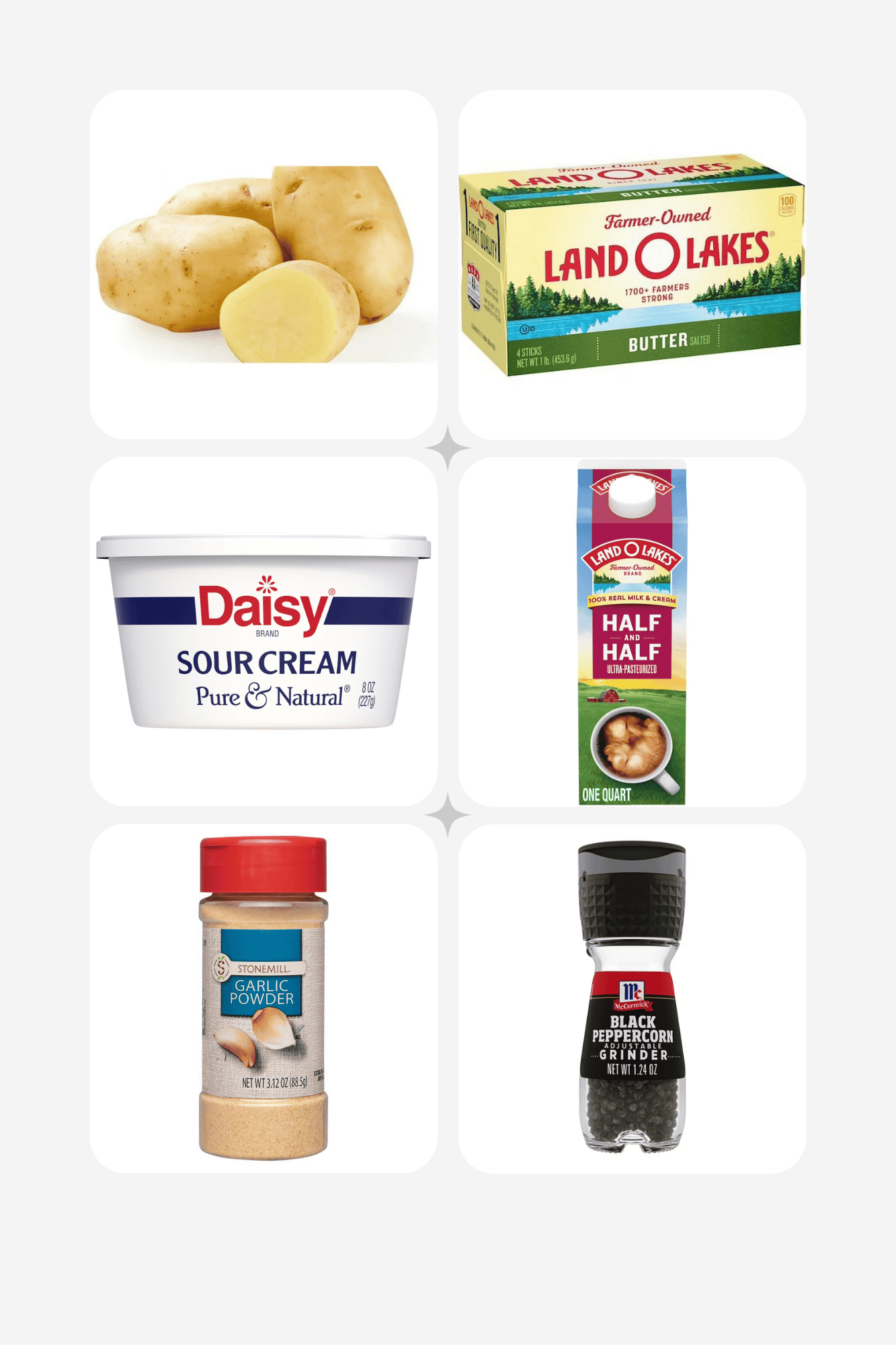 ingredients including Yukon gold potatoes, butter, sour cream, half and half, garlic powder, and black pepper.